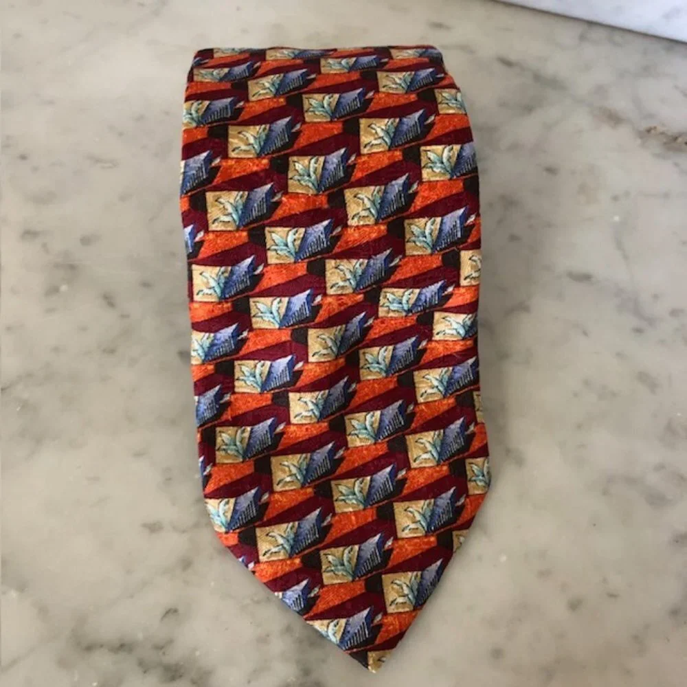 ERMENEGILDO ZEGNA Silk Leaf Geo Block Orange Blue Red Tie - Picture 3 of 15